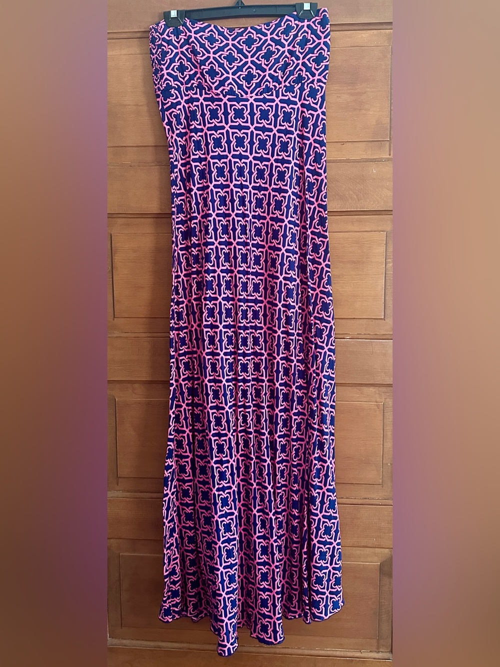escapada Pink & Navy Geometric Maxi strapless DRESS! Sz M EUC!  Long tie front!
